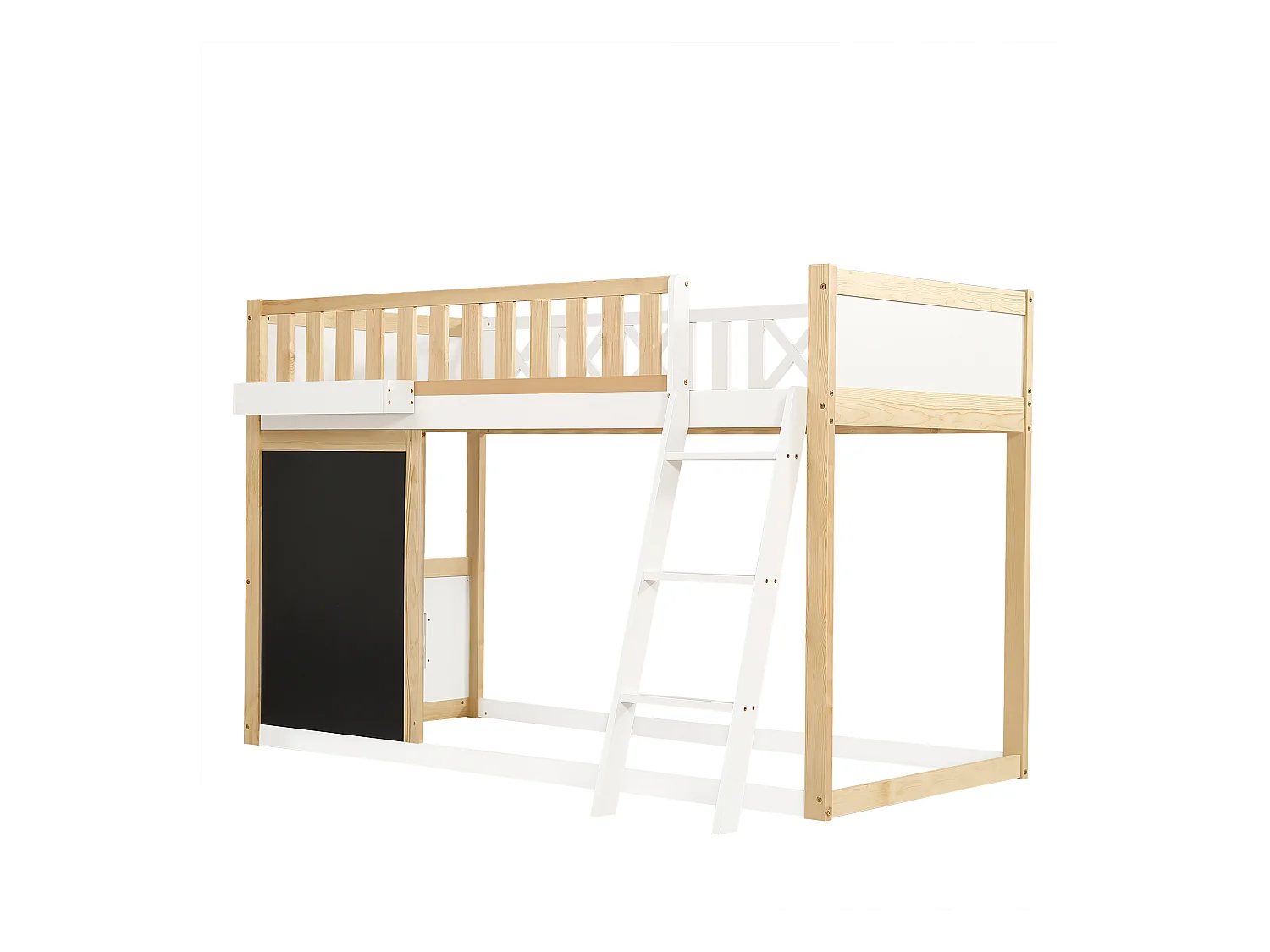 Cama alta 90x200cm - com escada e lousa - com corrimão de segurança - madeira maciça + MDF - Branco + Natural (sem colchão)