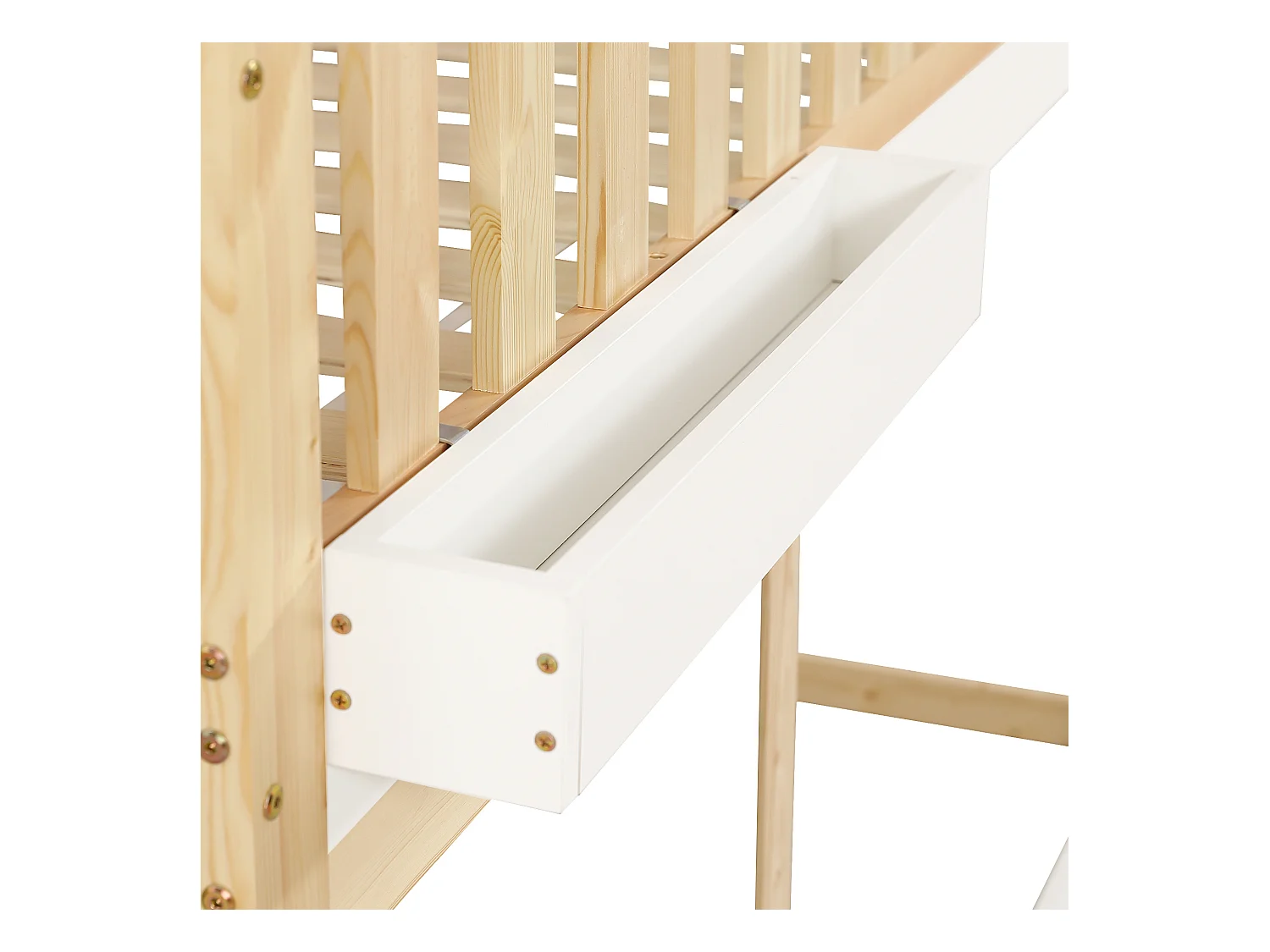 Cama alta 90x200cm - com escada e lousa - com corrimão de segurança - madeira maciça + MDF - Branco + Natural (sem colchão)