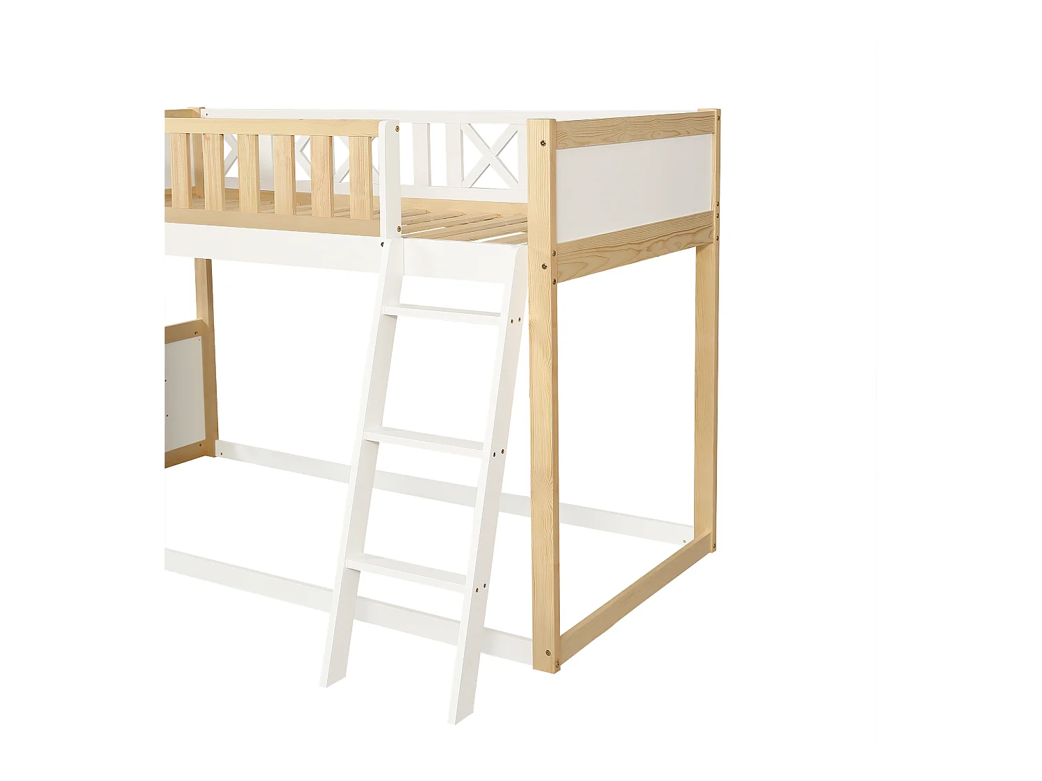 Cama alta 90x200cm - com escada e lousa - com corrimão de segurança - madeira maciça + MDF - Branco + Natural (sem colchão)