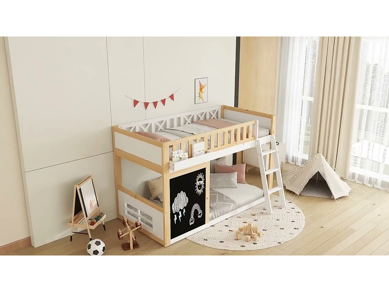 Lit mezzanine 90x200cm - avec échelle et tableau noir - avec garde-corps de sécurité -  bois massif + MDF - Blanc + Naturel (sans matelas)