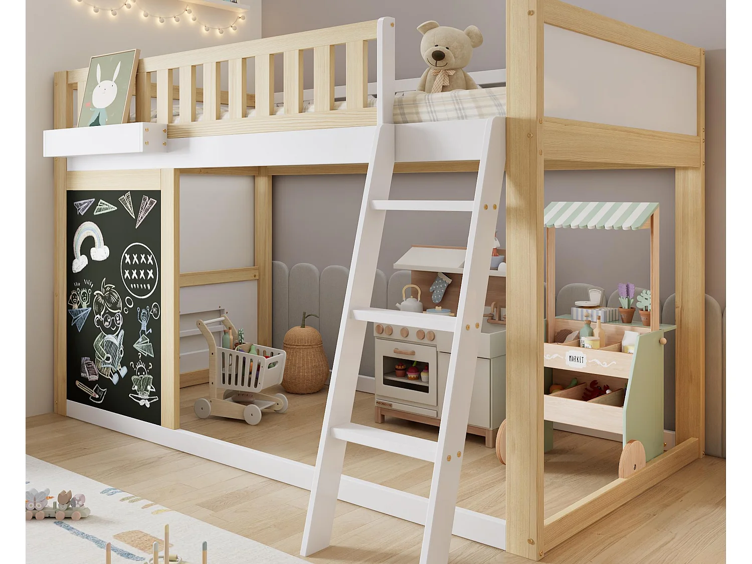 Lit mezzanine 90x200cm - avec échelle et tableau noir - avec garde-corps de sécurité -  bois massif + MDF - Blanc + Naturel (sans matelas)