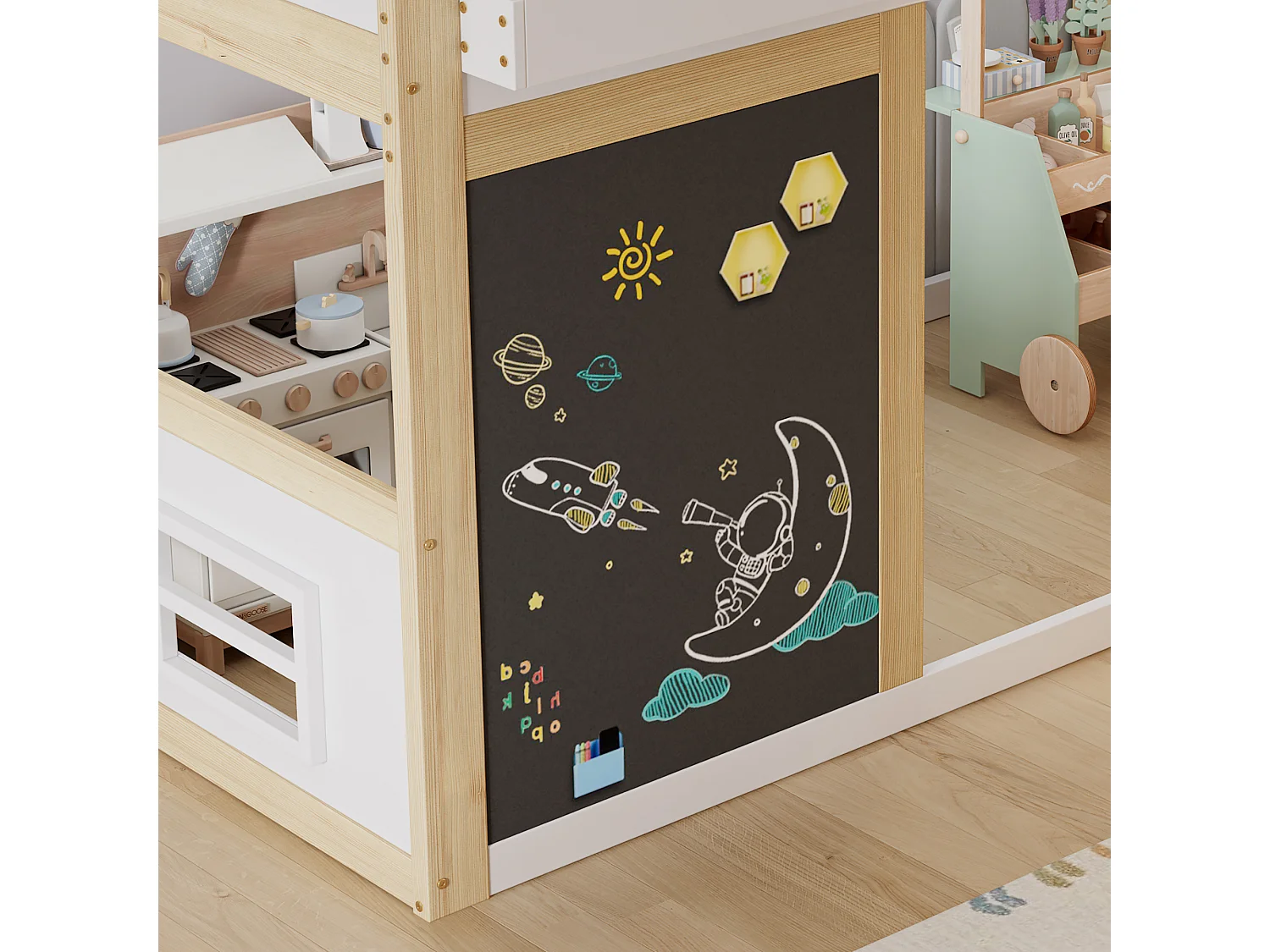 Lit mezzanine 90x200cm - avec échelle et tableau noir - avec garde-corps de sécurité -  bois massif + MDF - Blanc + Naturel (sans matelas)