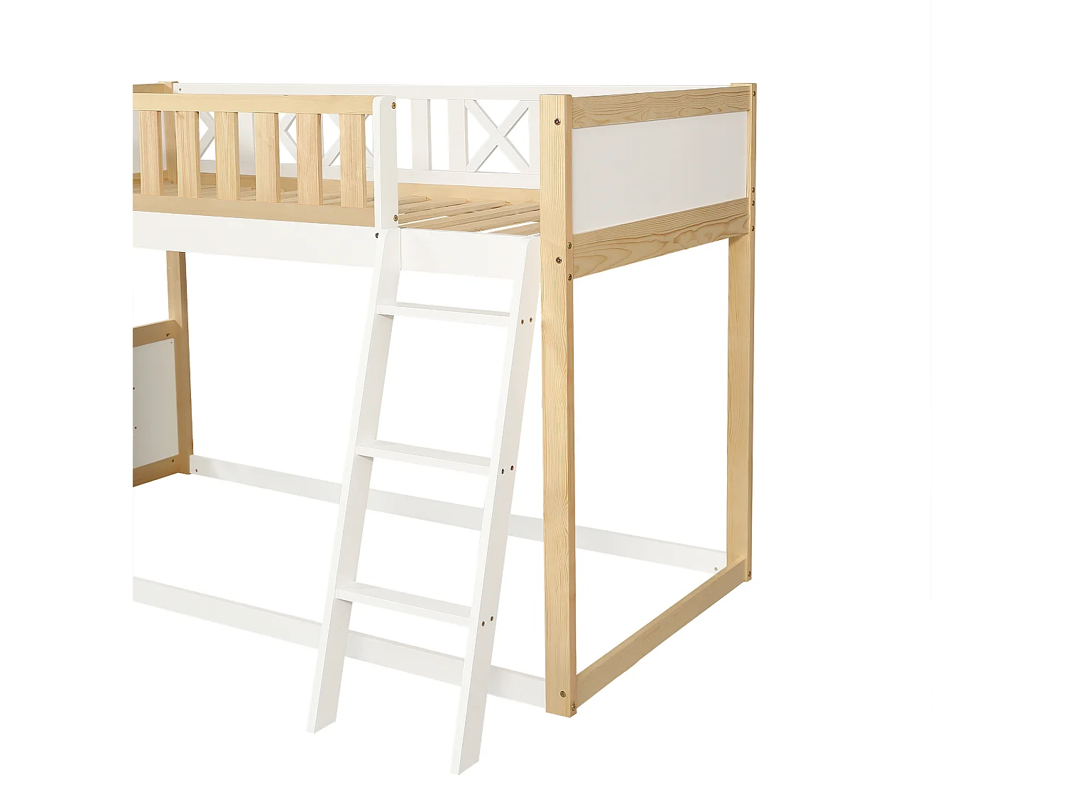 Lit mezzanine 90x200cm - avec échelle et tableau noir - avec garde-corps de sécurité -  bois massif + MDF - Blanc + Naturel (sans matelas)