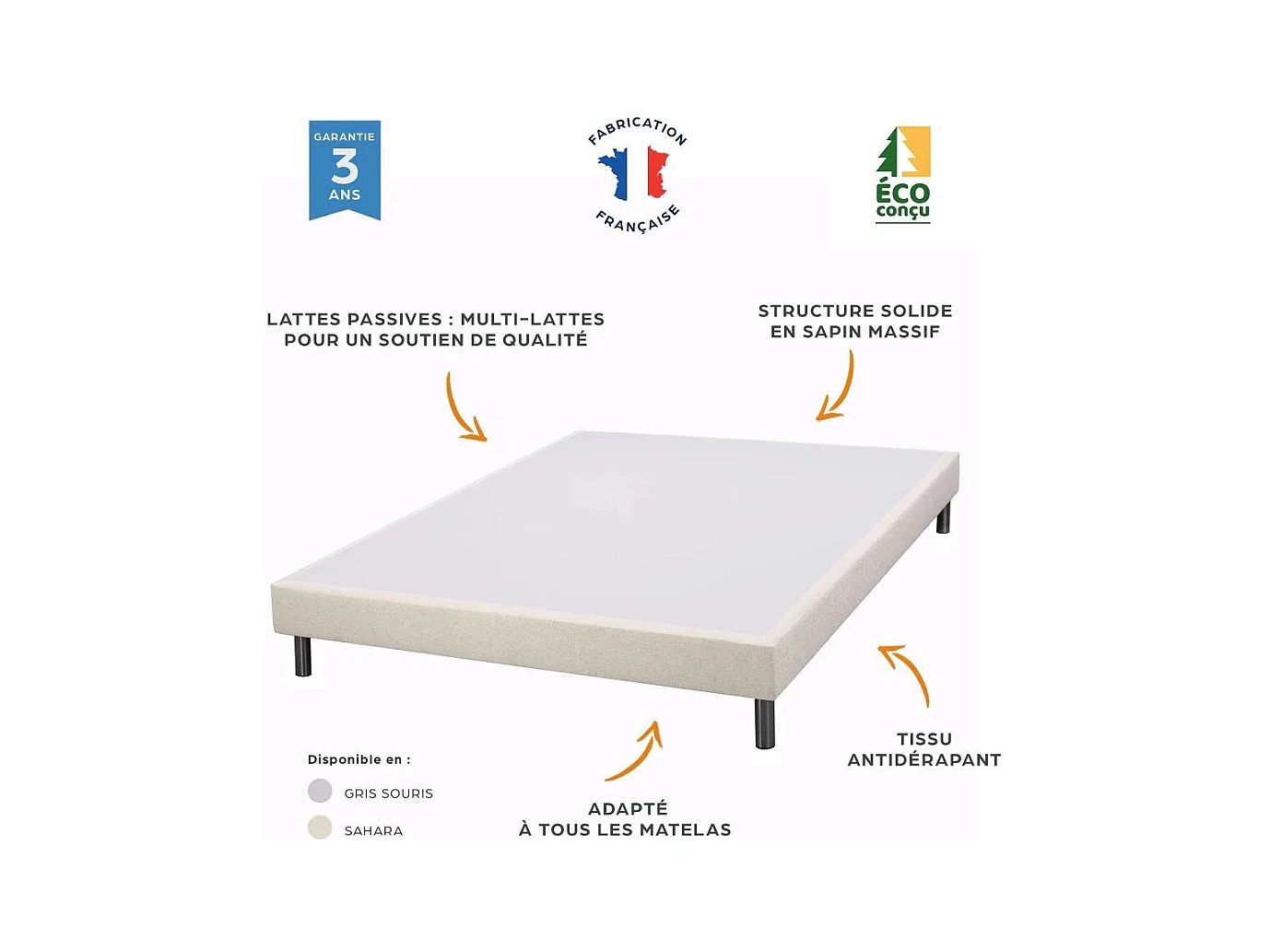 Sommier tapissier SR15 Volcan 140x190 Lattes bois massif - H.15 cm - Made in France