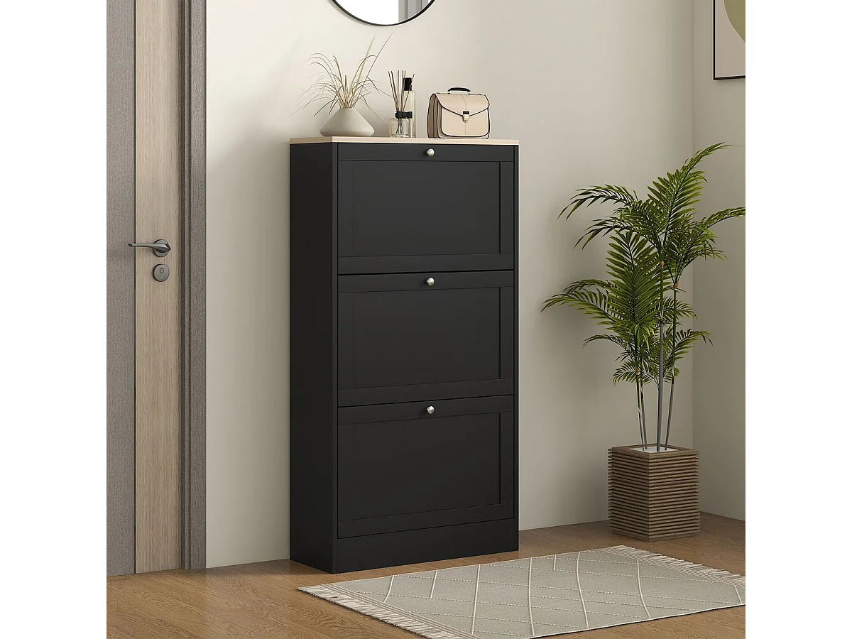 Zapatero Mimbre Homcom 3 cajones abatibles 18 pares negro 115x60x23,5 cm