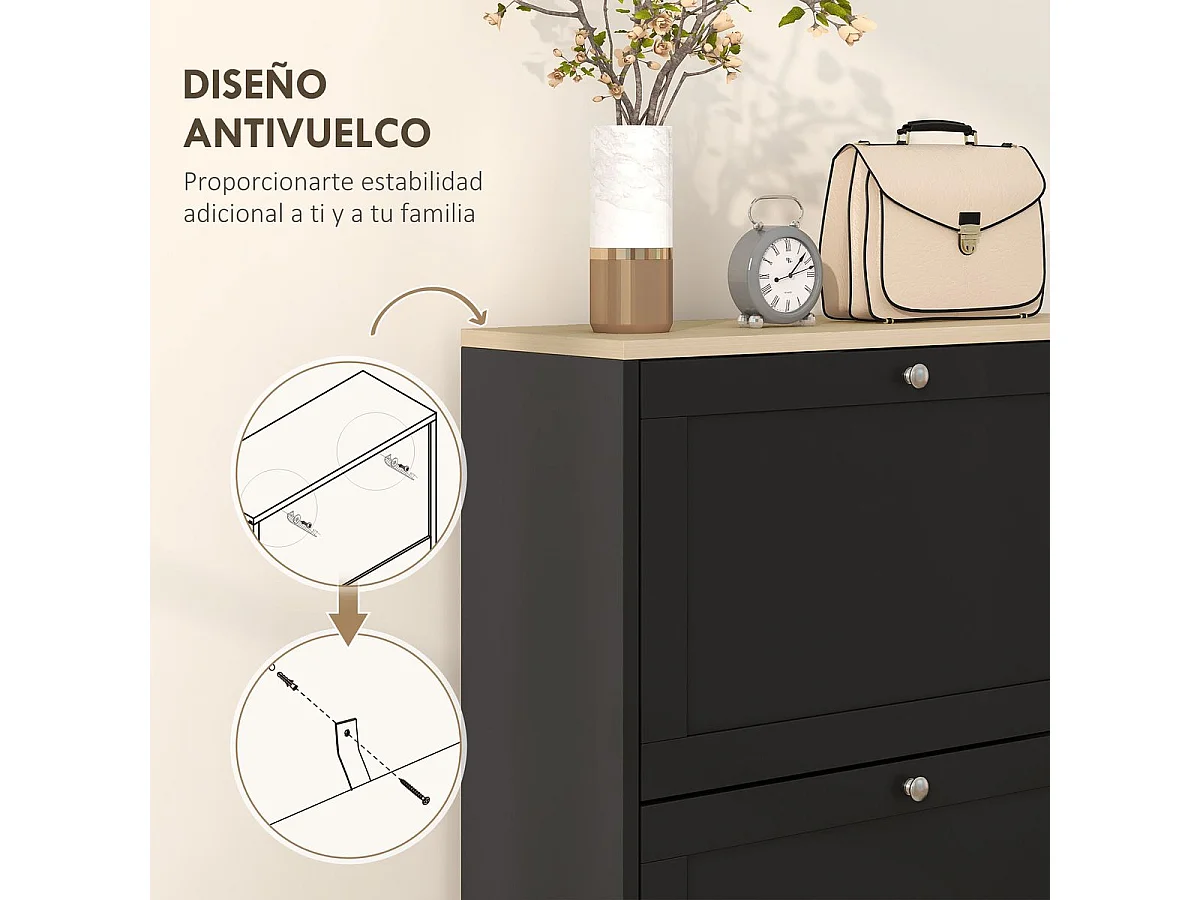 Zapatero Mimbre Homcom 3 cajones abatibles 18 pares negro 115x60x23,5 cm