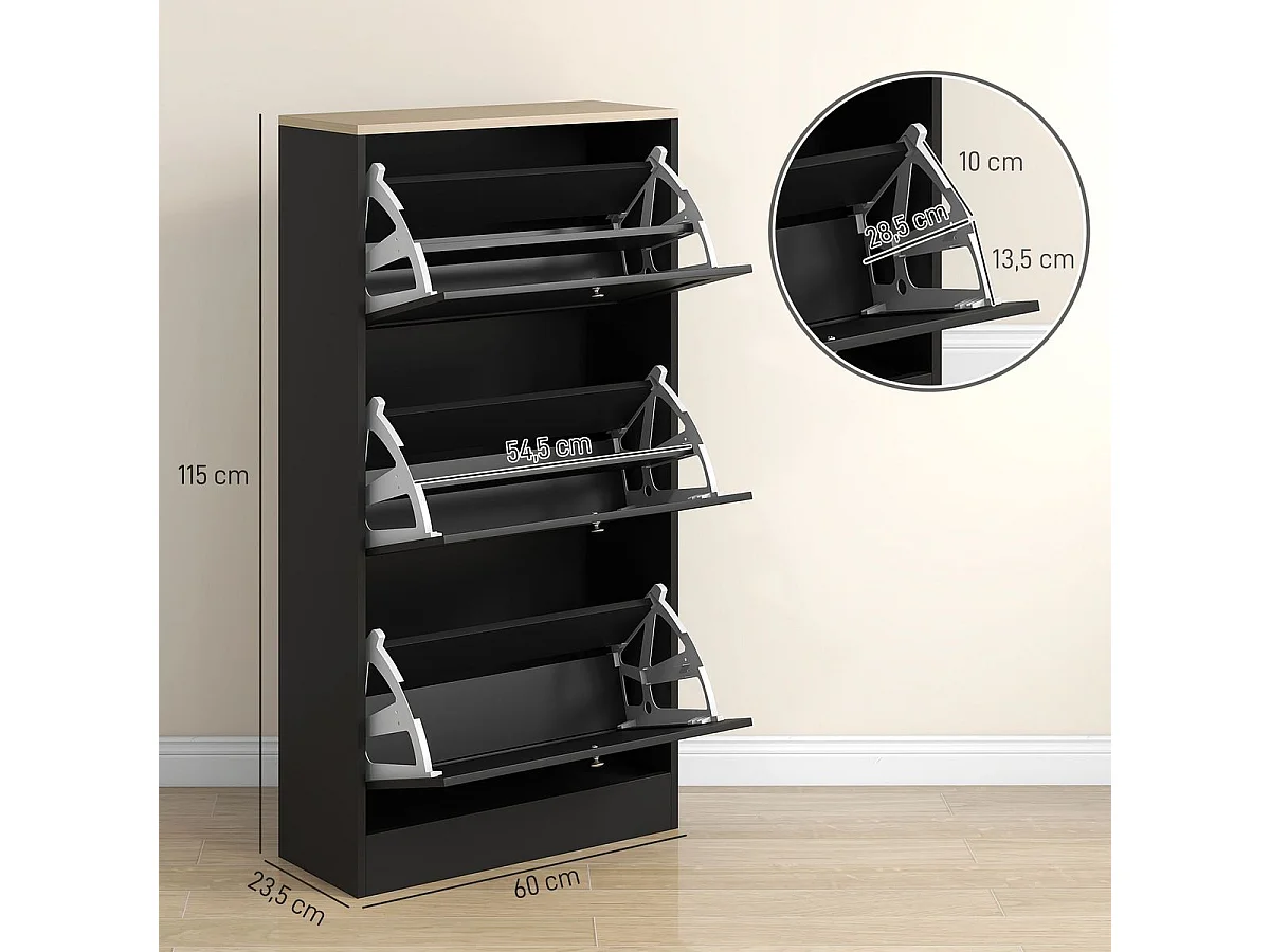 Zapatero Mimbre Homcom 3 cajones abatibles 18 pares negro 115x60x23,5 cm