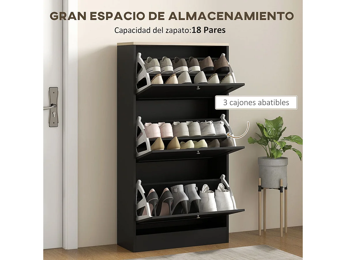 Zapatero Mimbre Homcom 3 cajones abatibles 18 pares negro 115x60x23,5 cm