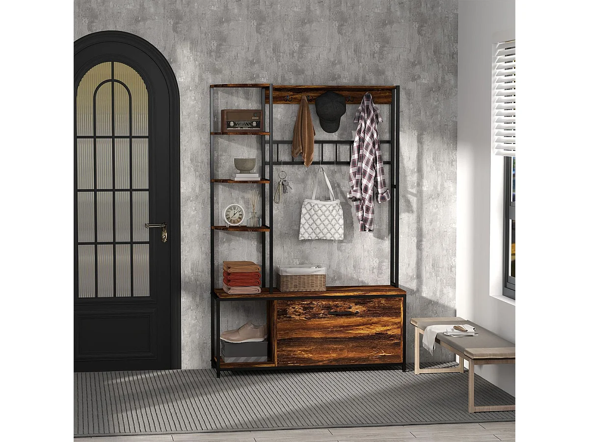 Perchero zapatero Prisma Homcom puerta abatible con estantes y ganchos marrón oscuro 180x120x35 cm