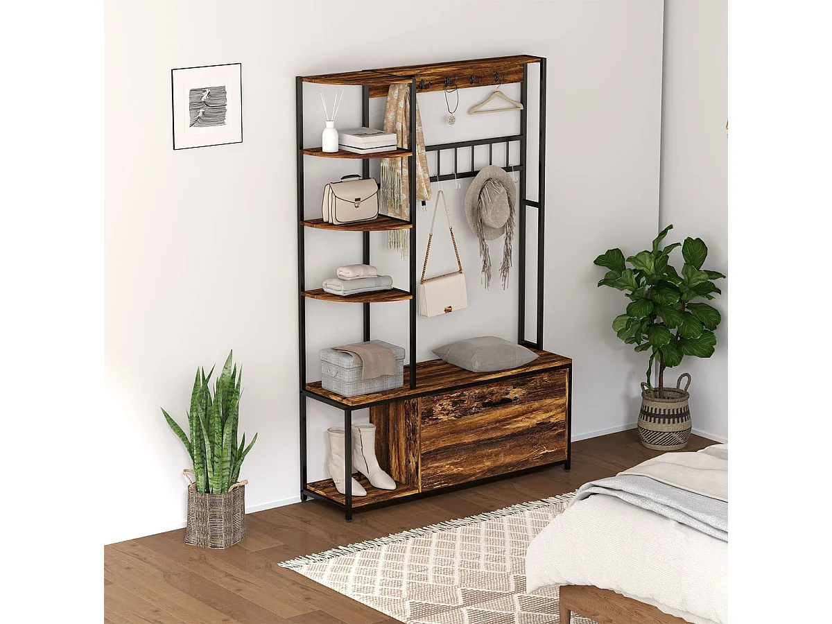 Perchero zapatero Prisma Homcom puerta abatible con estantes y ganchos marrón oscuro 180x120x35 cm