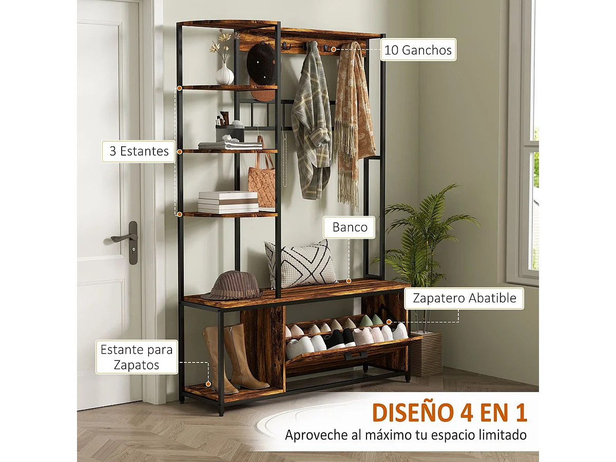 Perchero zapatero Prisma Homcom puerta abatible con estantes y ganchos marrón oscuro 180x120x35 cm