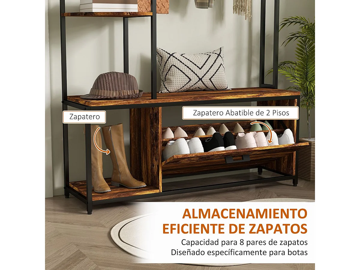 Perchero zapatero Prisma Homcom puerta abatible con estantes y ganchos marrón oscuro 180x120x35 cm