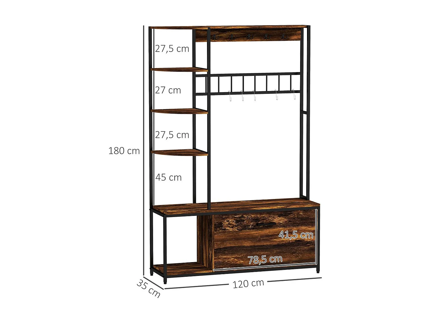 Perchero zapatero Prisma Homcom puerta abatible con estantes y ganchos marrón oscuro 180x120x35 cm