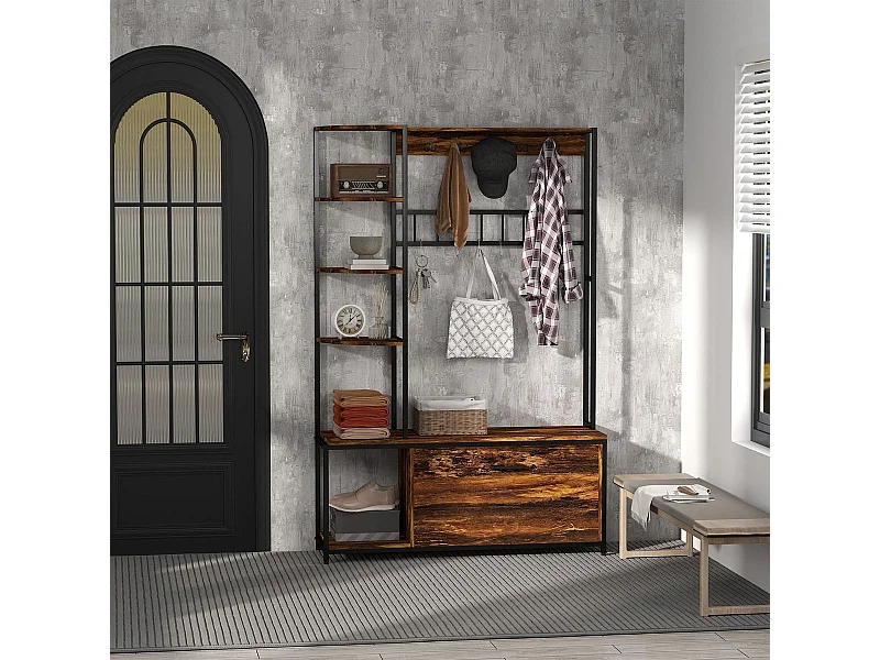 Perchero zapatero Prisma Homcom puerta abatible con estantes y ganchos marrón oscuro 180x120x35 cm