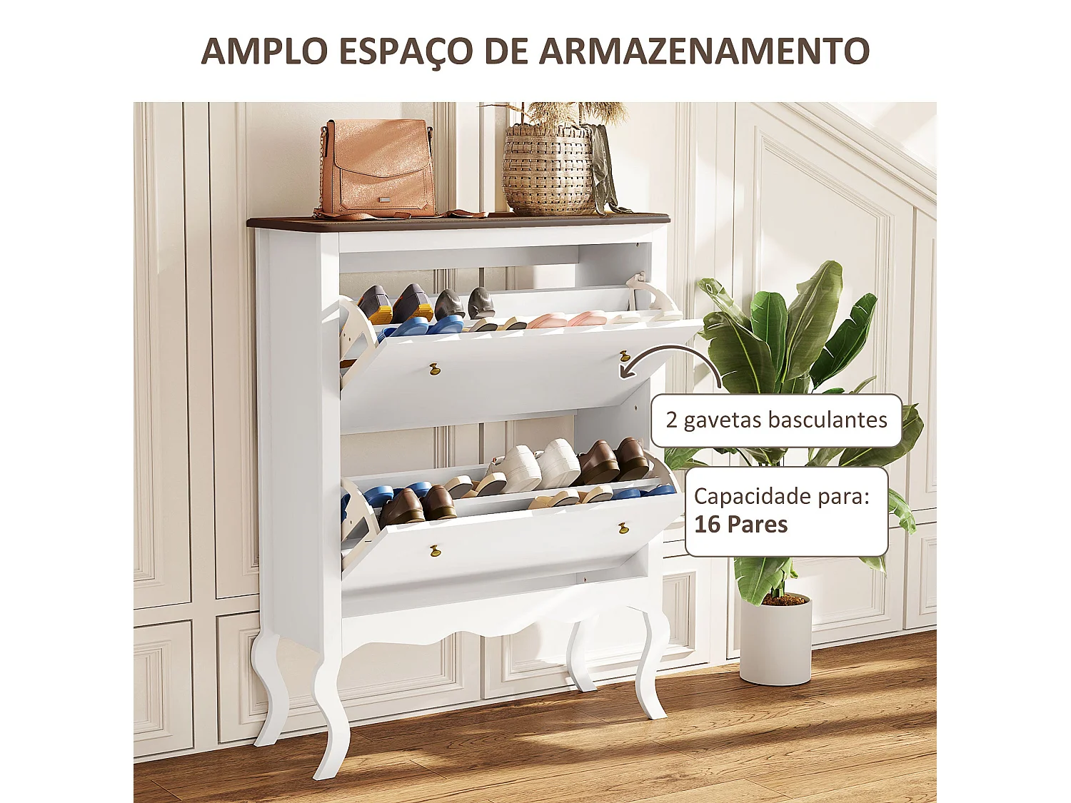 Sapateira Estilo Francês Modello Avignon com 2 Gavetas e Prateleiras Ajustáveis - Organize Até 16 Pares de Sapatos