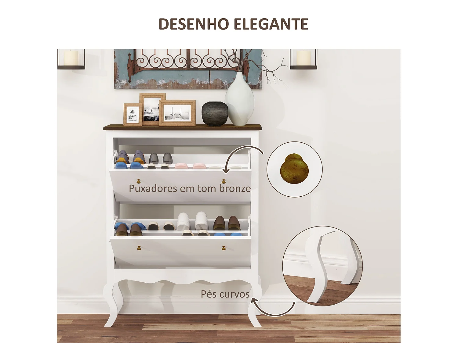 Sapateira Estilo Francês Modello Avignon com 2 Gavetas e Prateleiras Ajustáveis - Organize Até 16 Pares de Sapatos