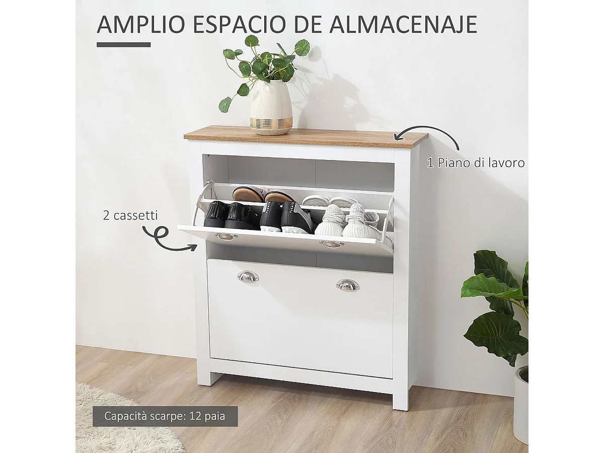 Zapatero Calma Homcom 2 cajones blanco/natural 90,5x79x23 cm