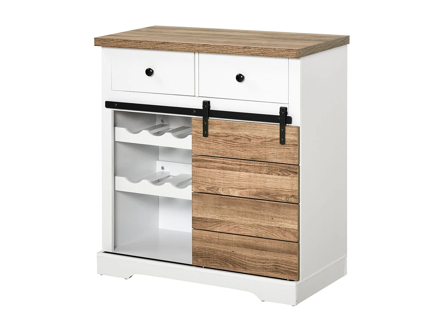 Mueble auxiliar Cross Homcom puerta corredera con botellero y 2 cajones blanco/natural 86x80x39 cm
