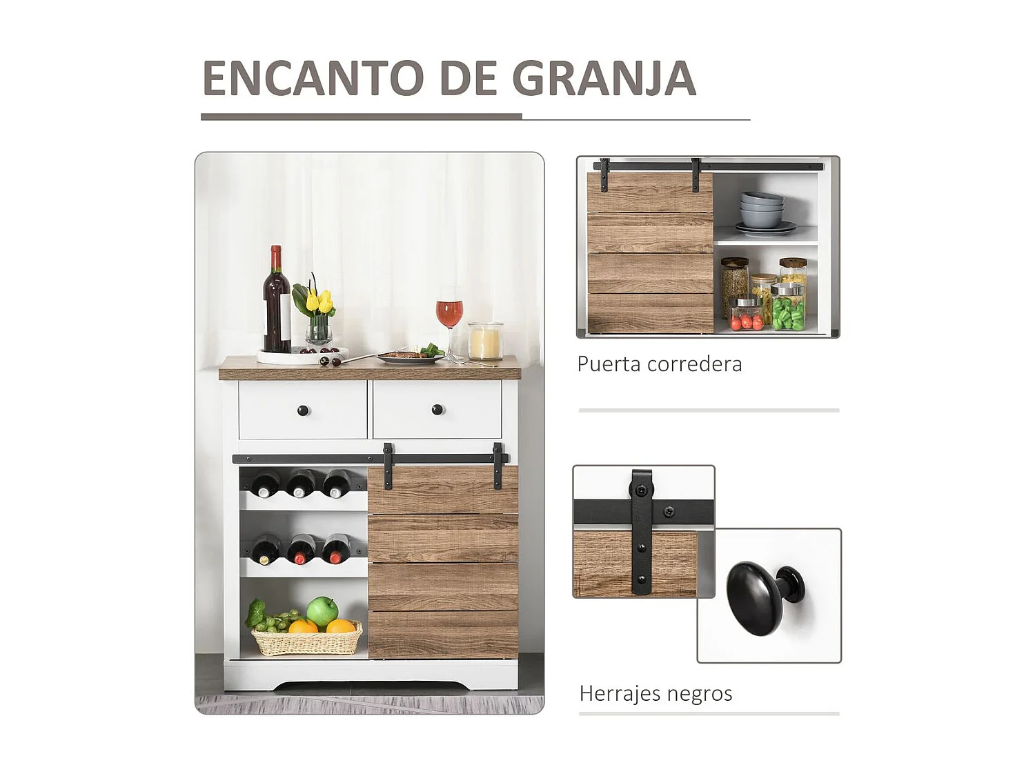 Mueble auxiliar Cross Homcom puerta corredera con botellero y 2 cajones blanco/natural 86x80x39 cm
