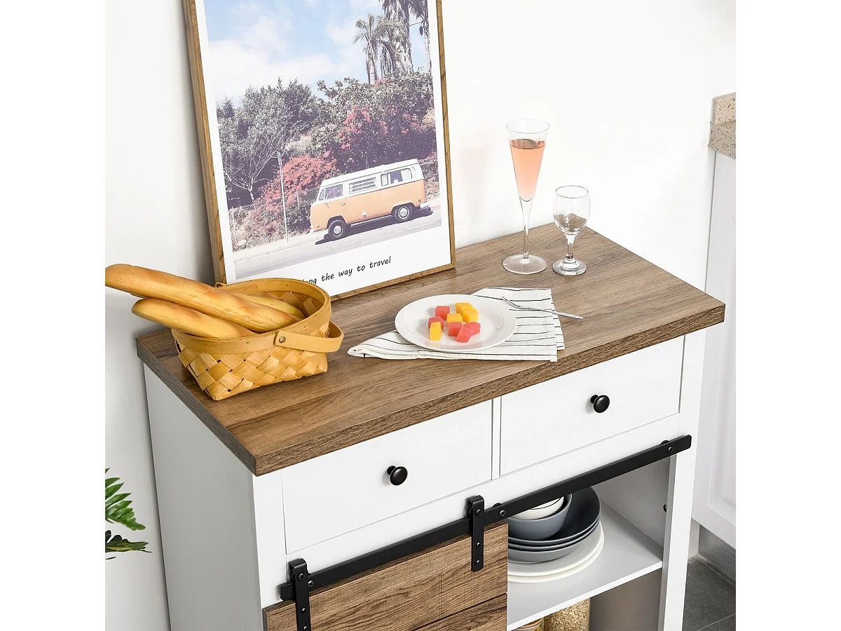 Mueble auxiliar Cross Homcom puerta corredera con botellero y 2 cajones blanco/natural 86x80x39 cm