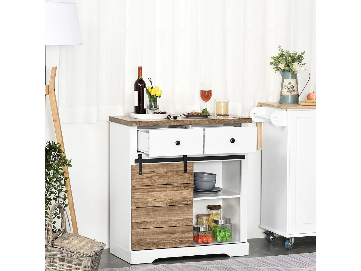 Mueble auxiliar Cross Homcom puerta corredera con botellero y 2 cajones blanco/natural 86x80x39 cm