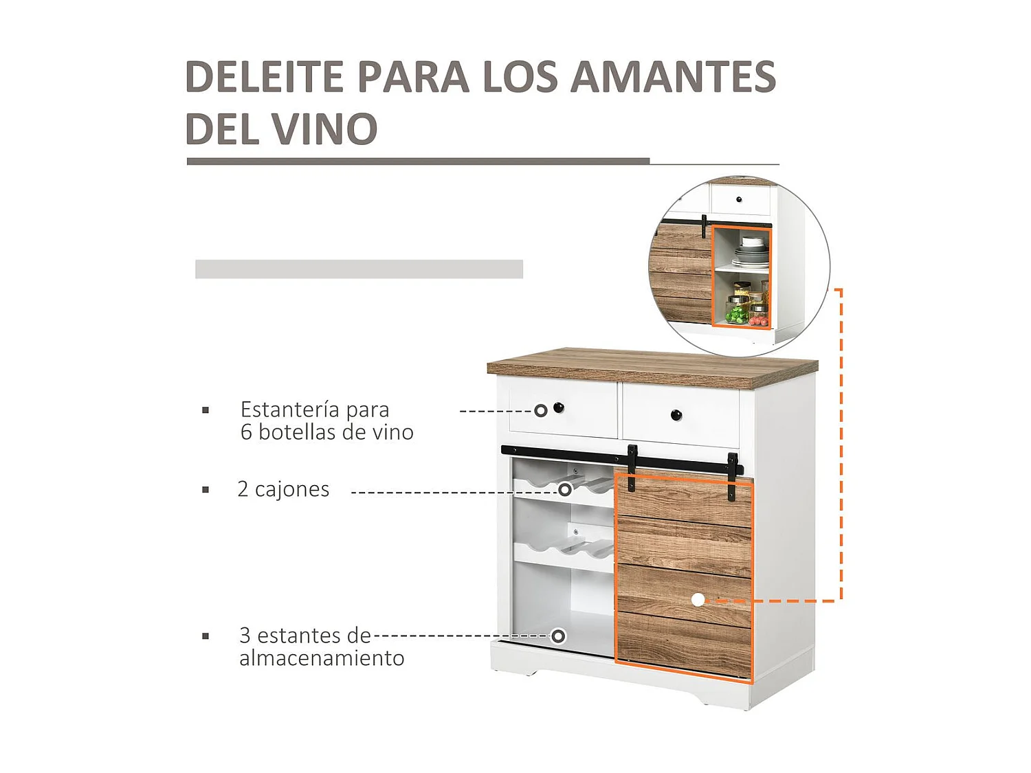 Mueble auxiliar Cross Homcom puerta corredera con botellero y 2 cajones blanco/natural 86x80x39 cm