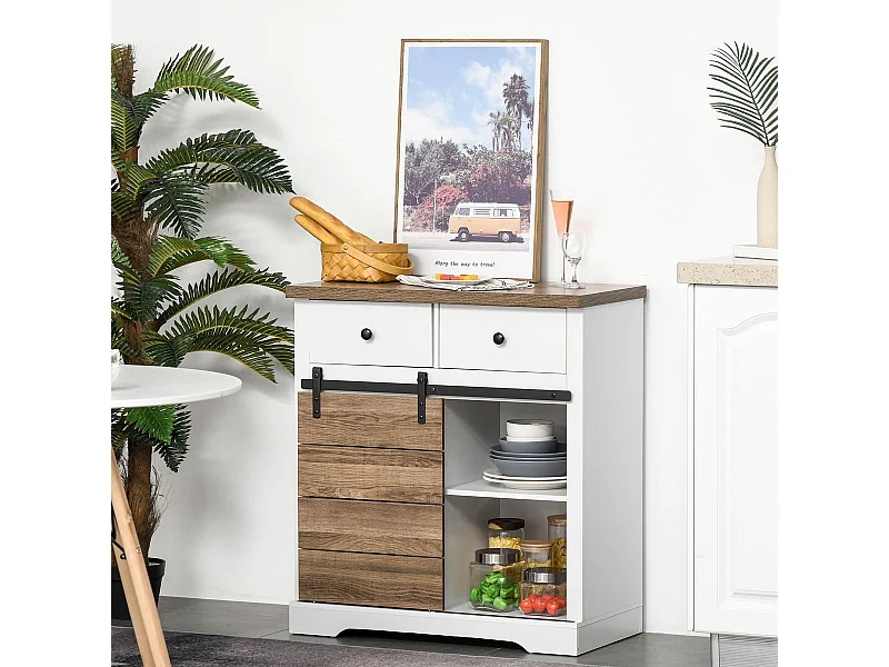 Mueble auxiliar Cross Homcom puerta corredera con botellero y 2 cajones blanco/natural 86x80x39 cm