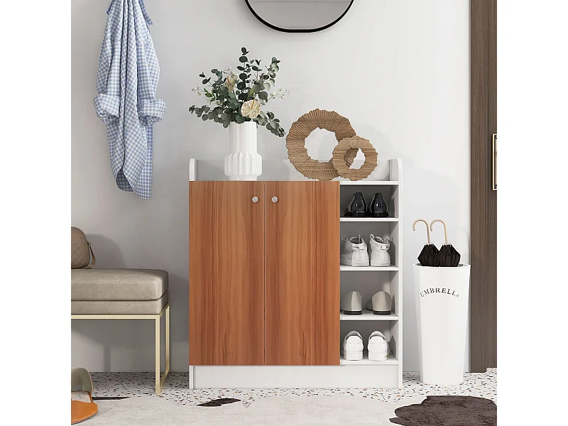 Armario zapatero Dino Homcom 2 puertas + 8 estantes ajustables blanco/natural 90x83x30 cm