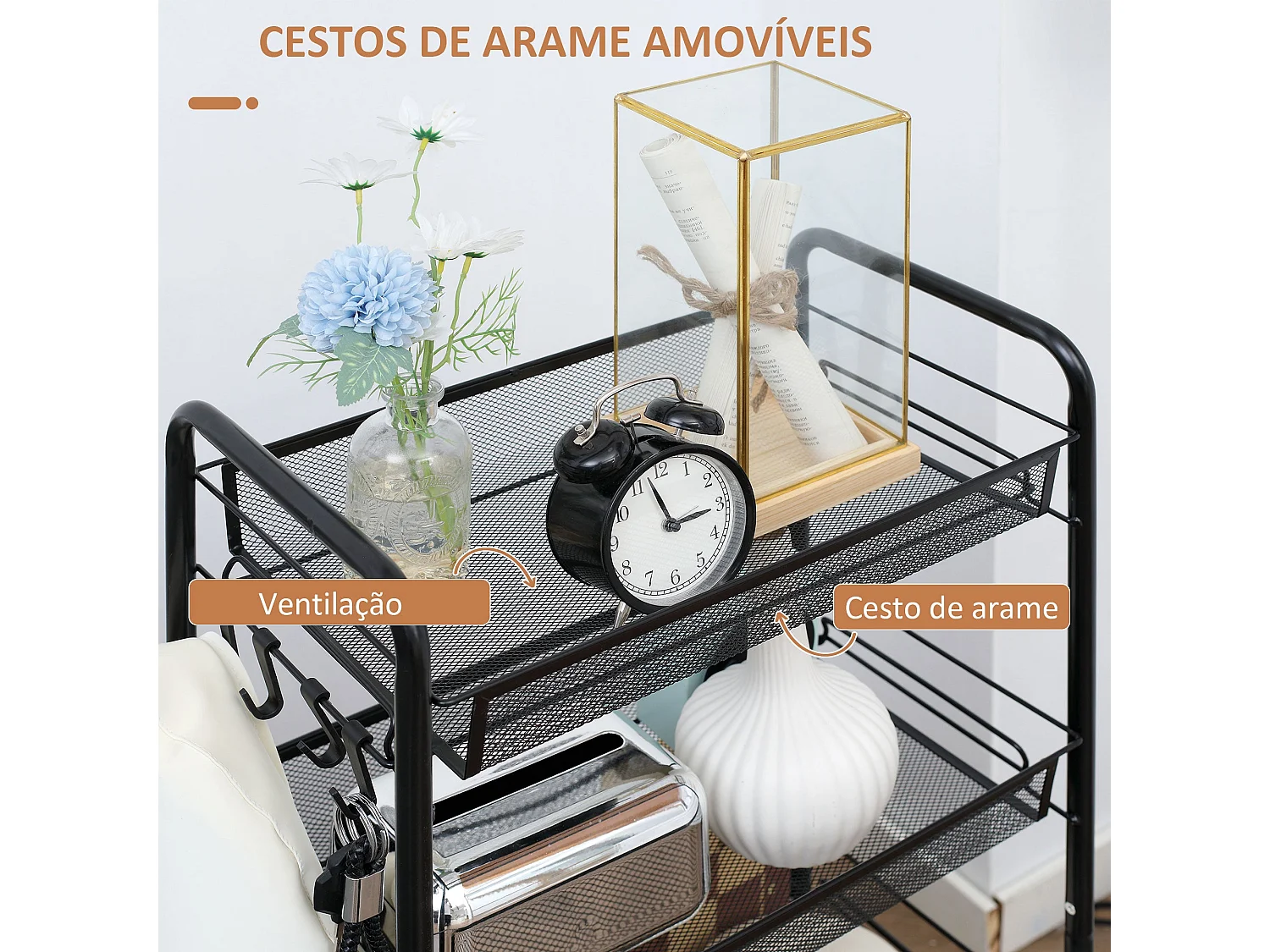 Carrito auxiliar Blum Homcom 4 niveles + ganchos + ruedas negro 84x45x26,5 cm