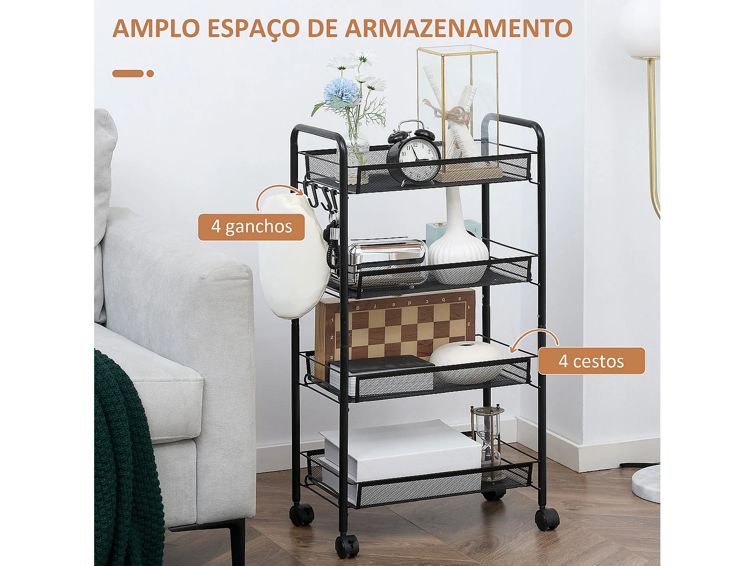 Carrito auxiliar Blum Homcom 4 niveles + ganchos + ruedas negro 84x45x26,5 cm