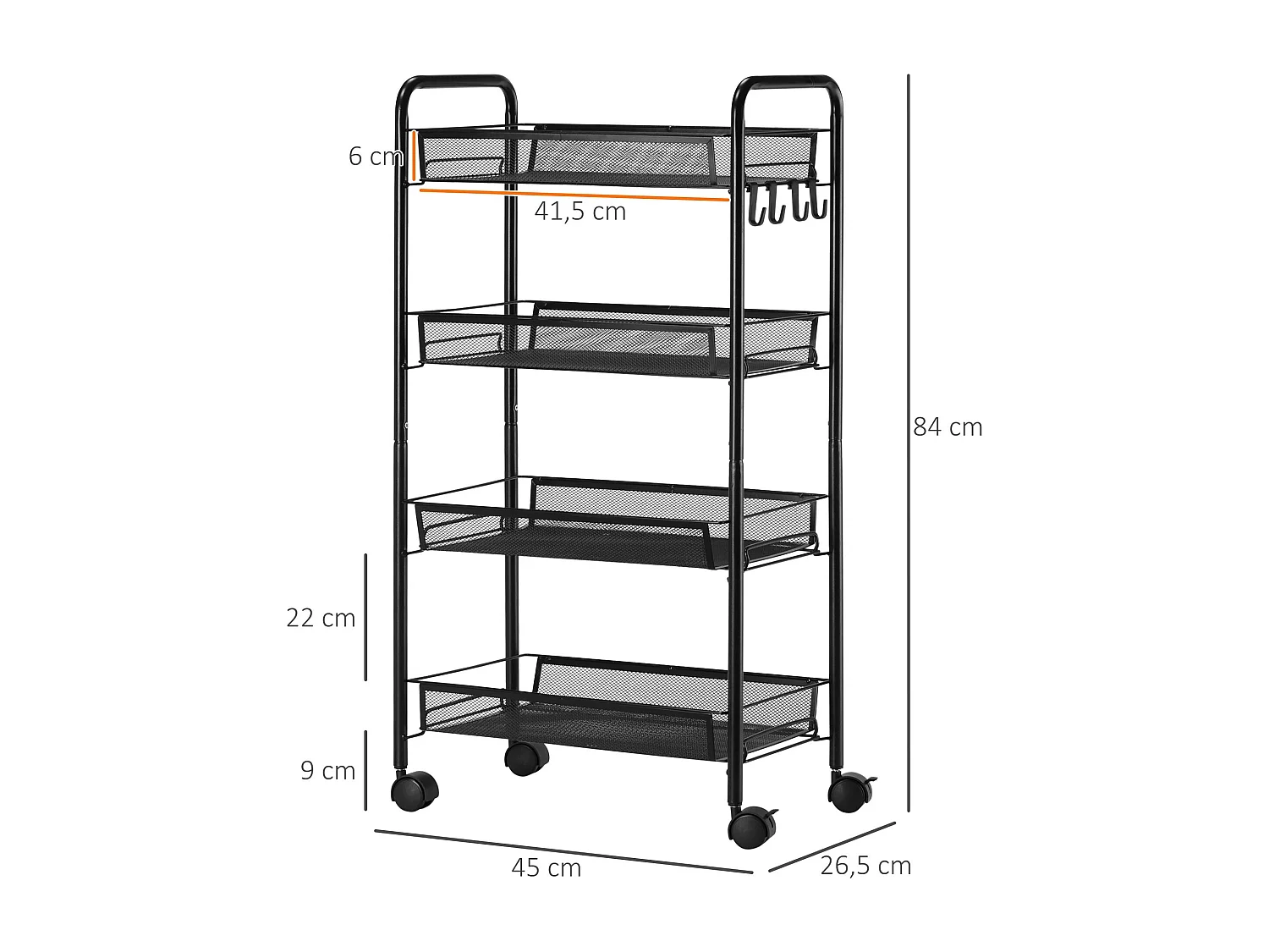 Carrito auxiliar Blum Homcom 4 niveles + ganchos + ruedas negro 84x45x26,5 cm