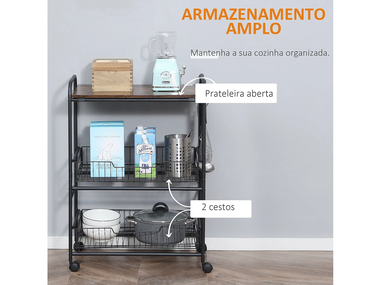 Carrinho de Cozinha Rústico com Rodas e Ganchos - 3 Níveis e 2 Cestas Práticas 60x38x85,5 cm