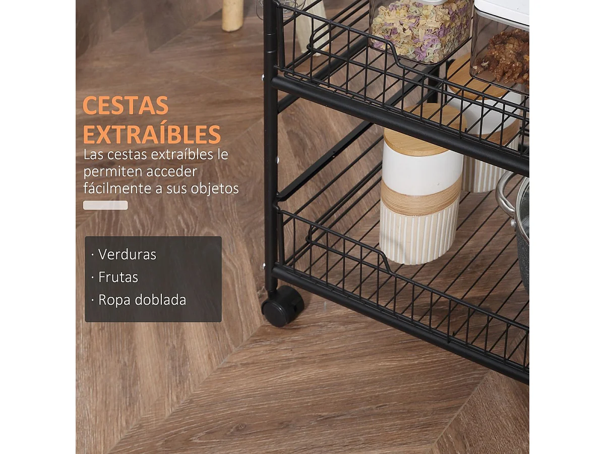 Carrinho de Cozinha Rústico com Rodas e Ganchos - 3 Níveis e 2 Cestas Práticas 60x38x85,5 cm