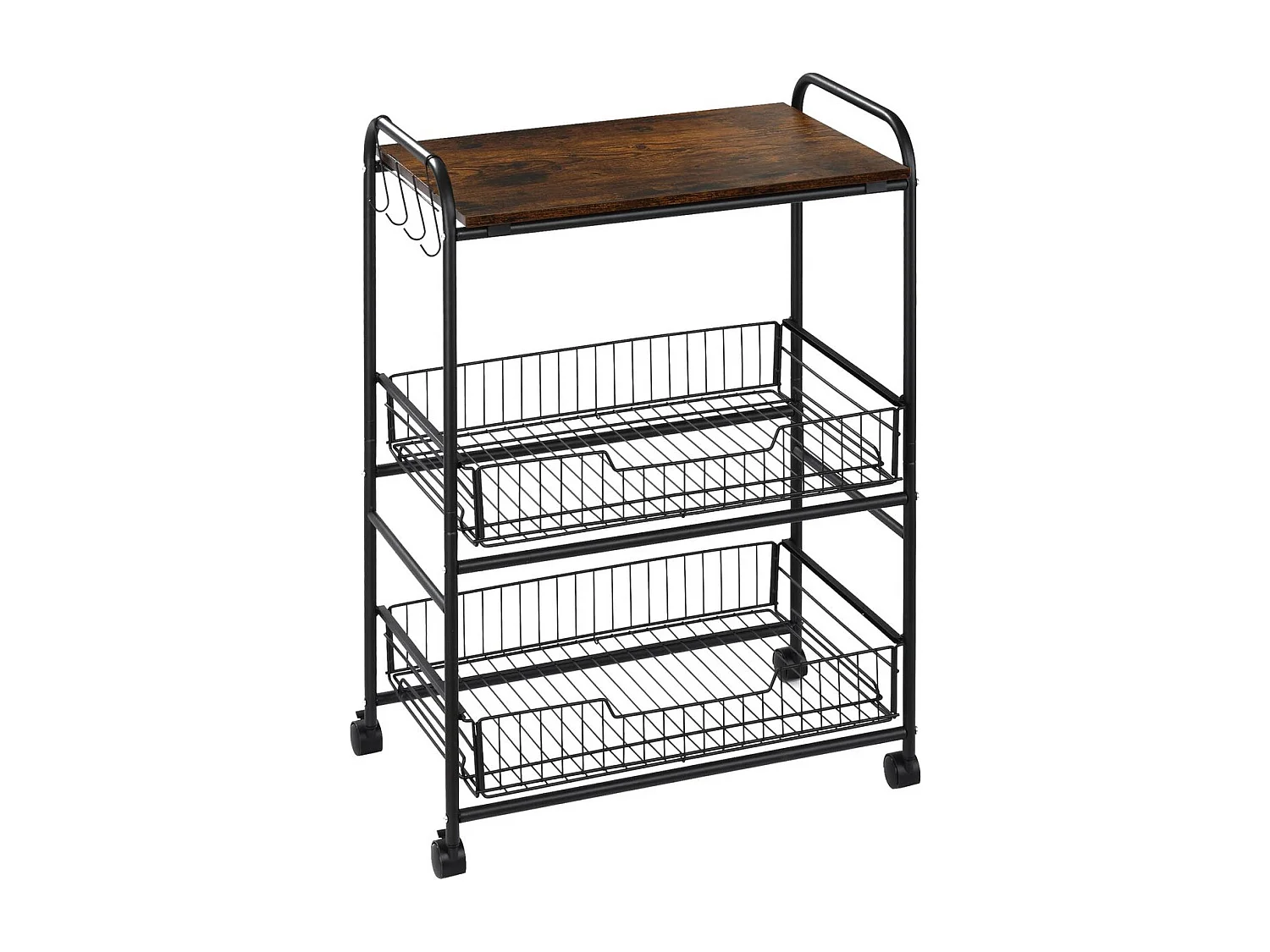 Carrinho de Cozinha Rústico com Rodas e Ganchos - 3 Níveis e 2 Cestas Práticas 60x38x85,5 cm