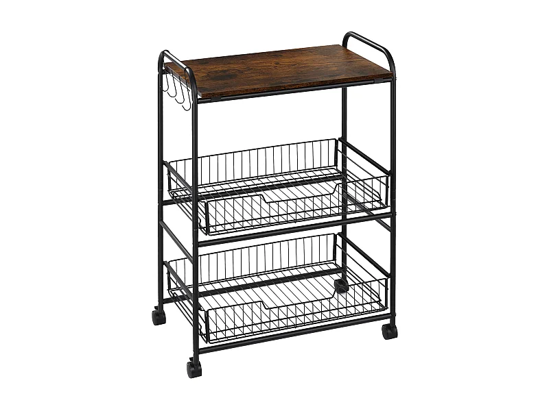 Carrinho de Cozinha Rústico com Rodas e Ganchos - 3 Níveis e 2 Cestas Práticas 60x38x85,5 cm