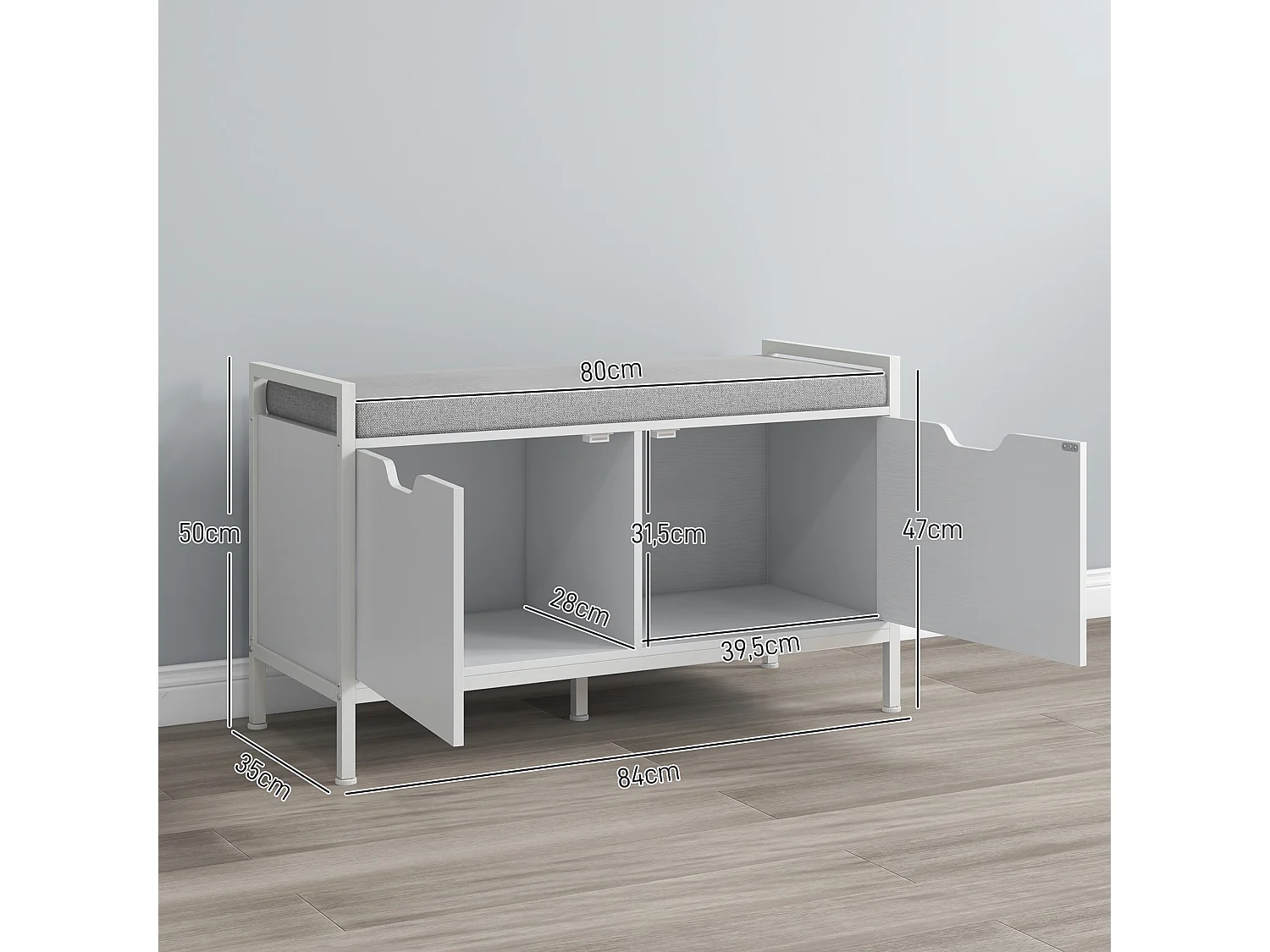Banco zapatero Flow Homcom asiento + 2 compartimentos blanco 50x84x35 cm