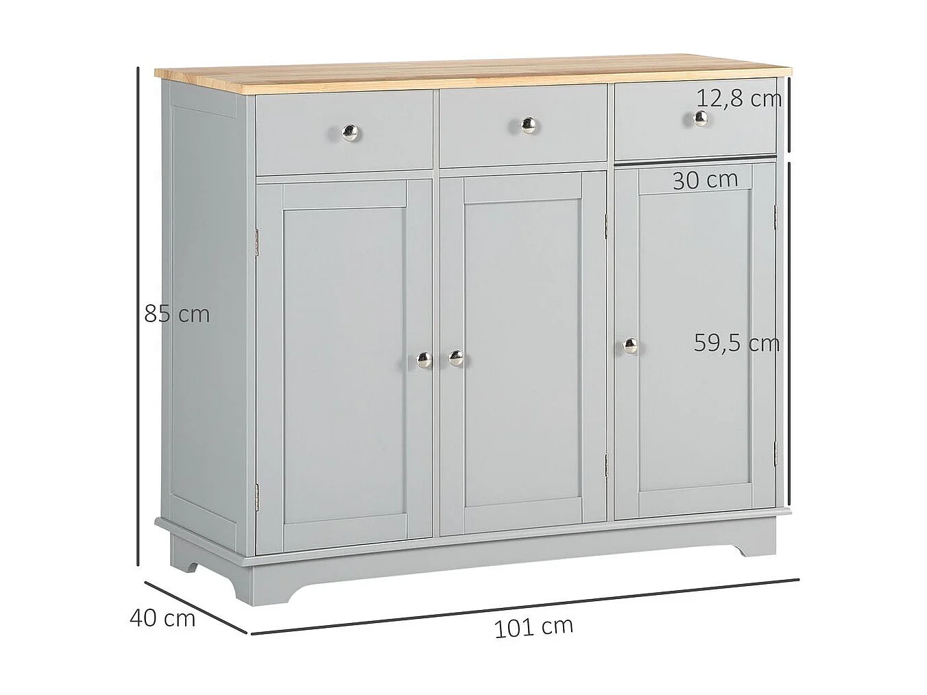 Aparador Refugio Homcom 3 puertas con 3 cajones gris 85x101x40 cm