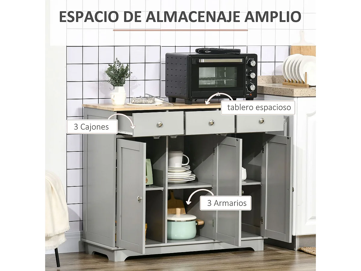 Aparador Refugio Homcom 3 puertas con 3 cajones gris 85x101x40 cm