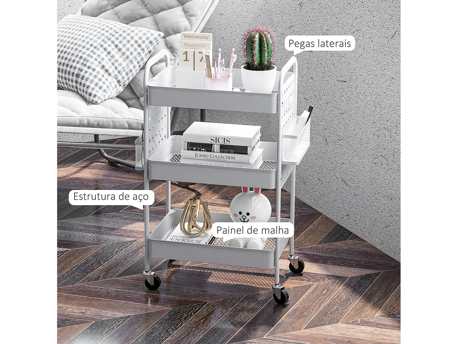 Carrinho Auxiliar de Armazenamento com Rodas e Cestos - Prático e Elegante para Cozinha e Sala