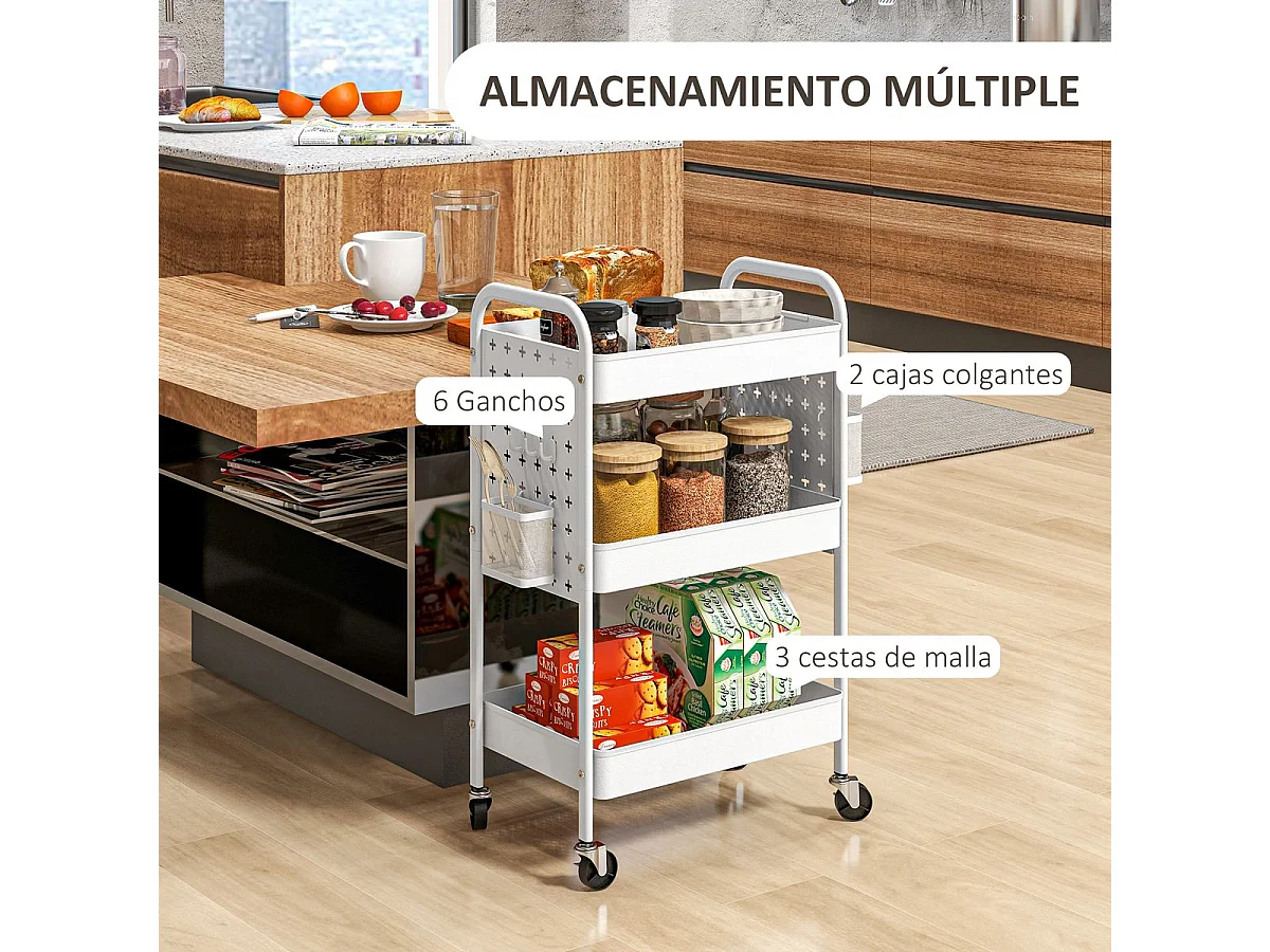 Carrinho Auxiliar de Armazenamento com Rodas e Cestos - Prático e Elegante para Cozinha e Sala