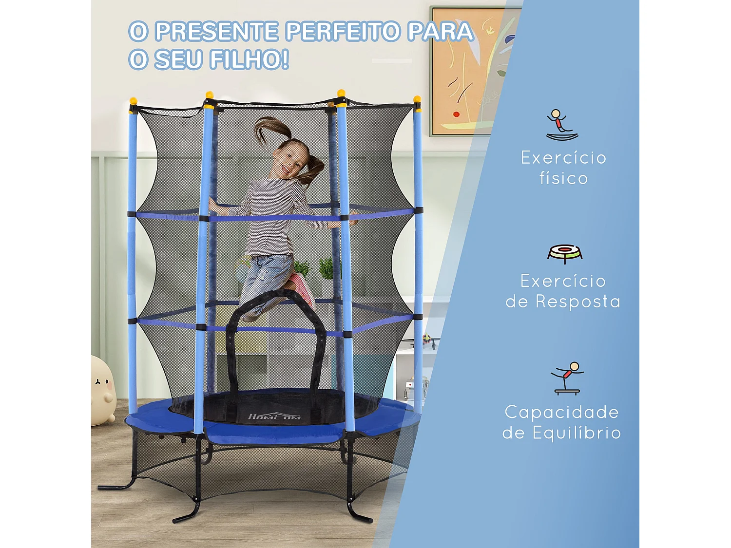 Cama elástica Sky Homcom puerta con cremallera + bordes acolchados azul Ø163x190 cm
