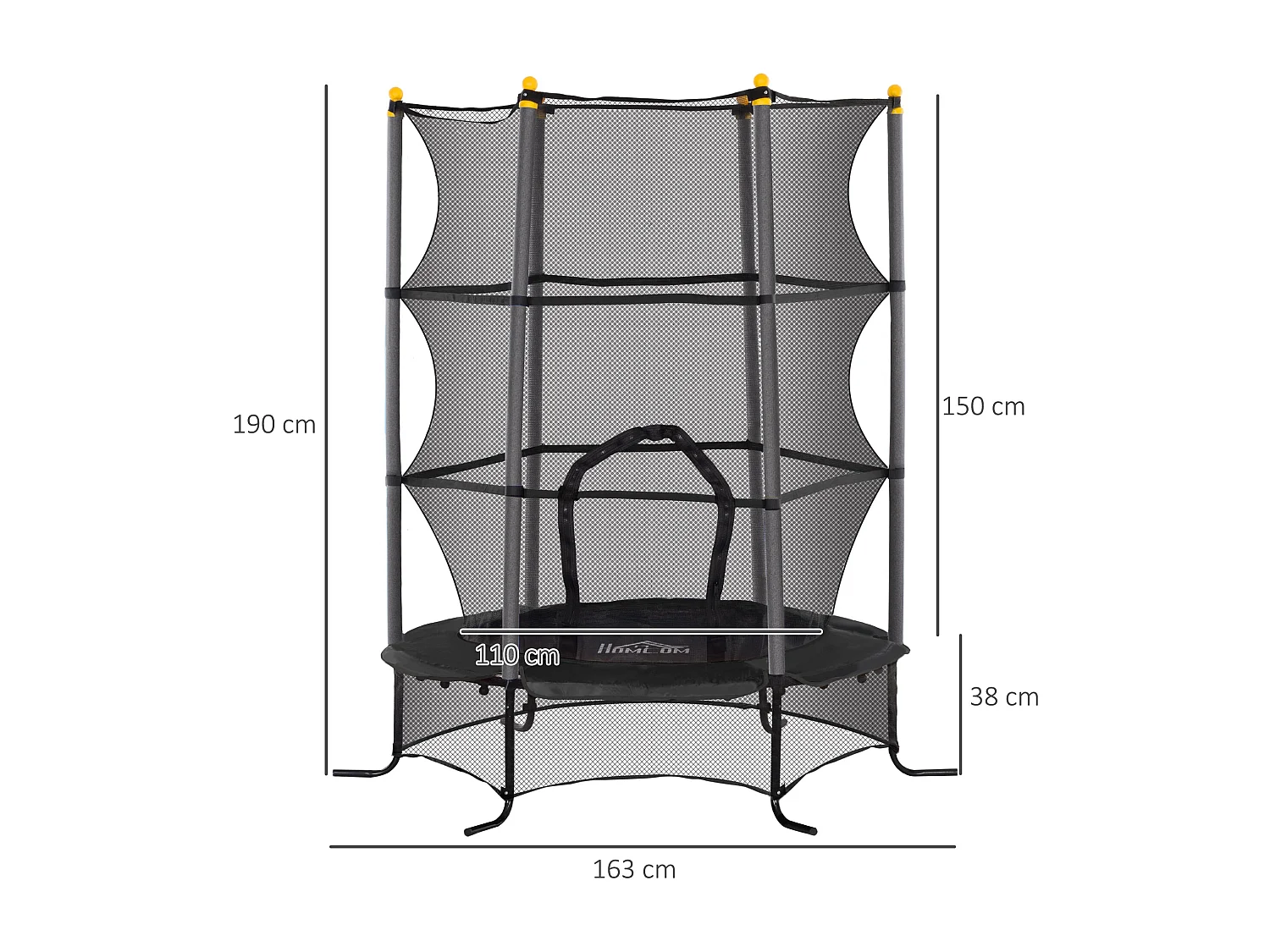 Trampolim Infantil JumpSafe com Rede de Segurança e Estrutura de Aço - Ø163x190 cm - Preto Seguro e Durável