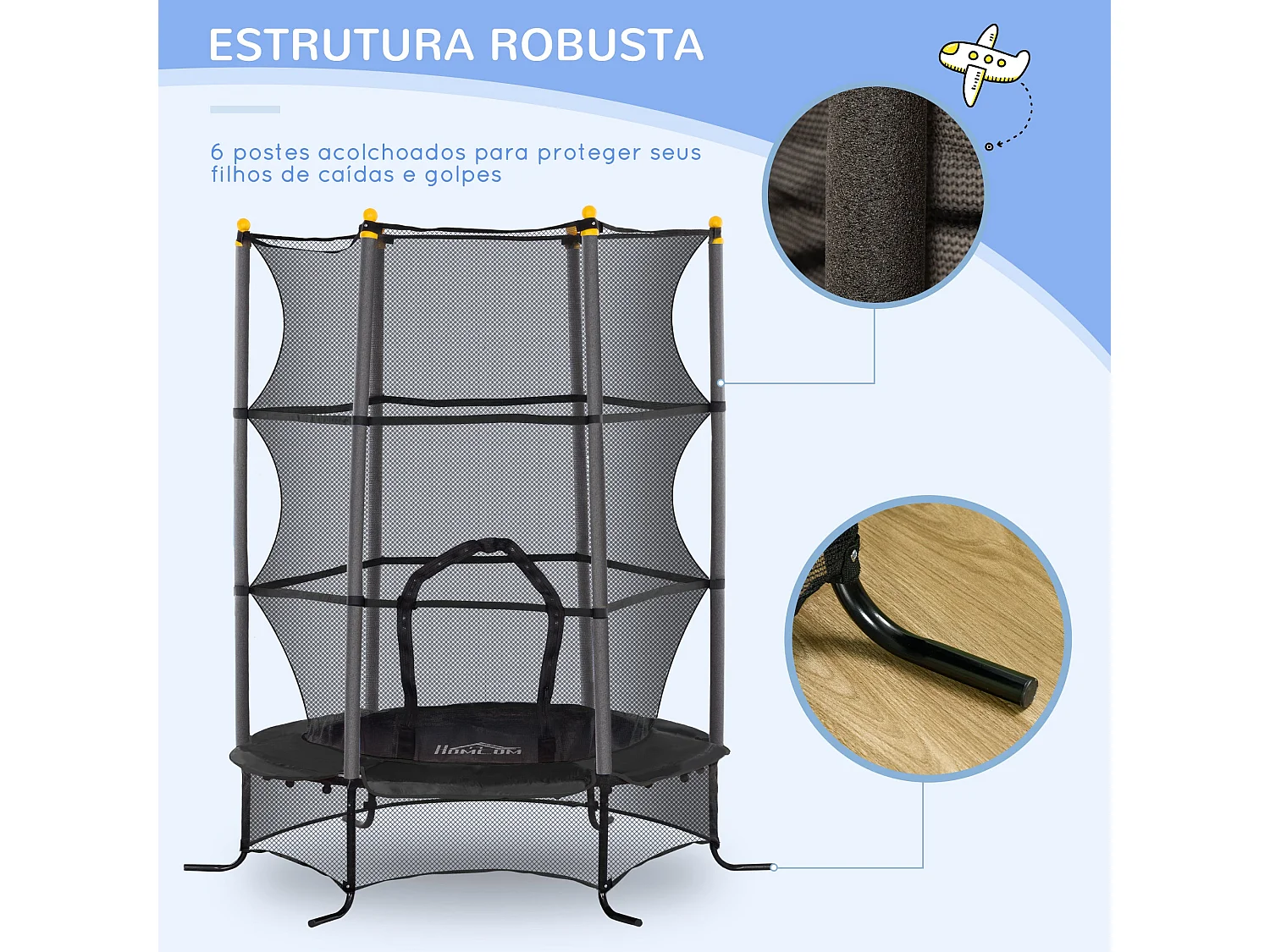 Trampolim Infantil JumpSafe com Rede de Segurança e Estrutura de Aço - Ø163x190 cm - Preto Seguro e Durável