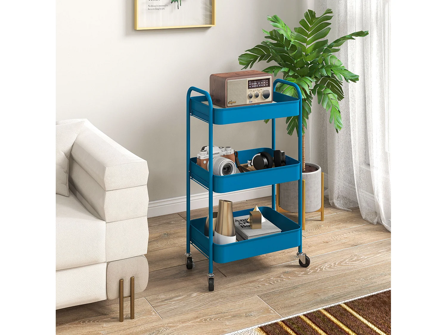 Carrinho Auxiliar de Cozinha com 3 Prateleiras e Rodas - Modelo Ålesund em Azul Escuro