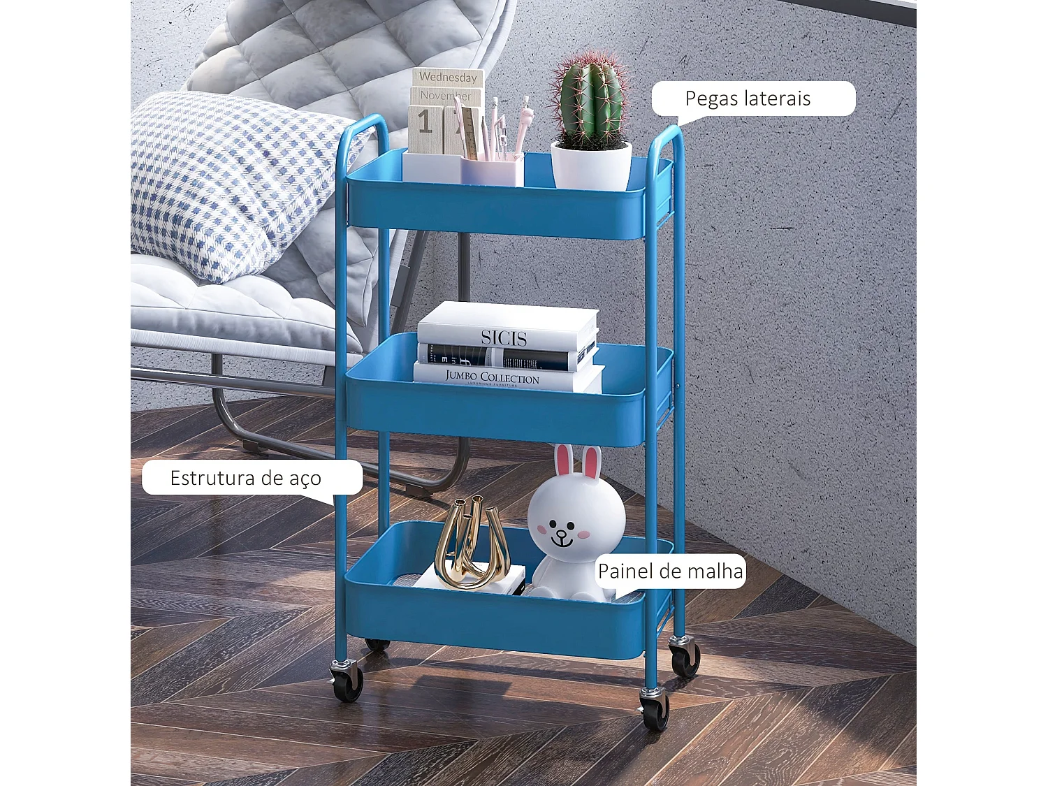 Carrinho Auxiliar de Cozinha com 3 Prateleiras e Rodas - Modelo Ålesund em Azul Escuro