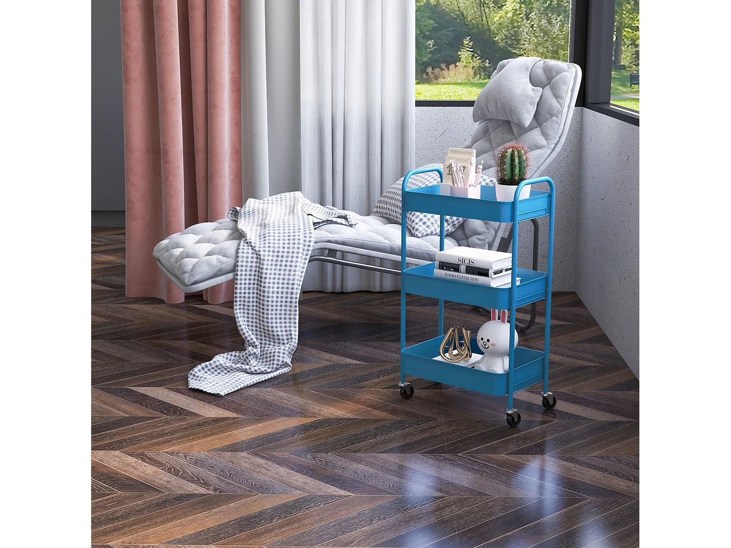 Carrinho Auxiliar de Cozinha com 3 Prateleiras e Rodas - Modelo Ålesund em Azul Escuro