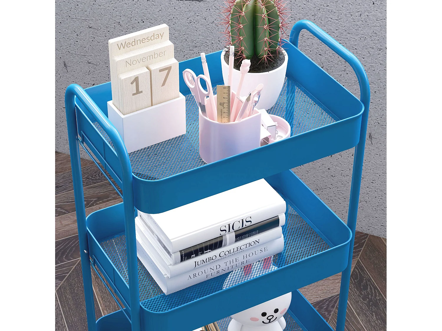 Carrinho Auxiliar de Cozinha com 3 Prateleiras e Rodas - Modelo Ålesund em Azul Escuro