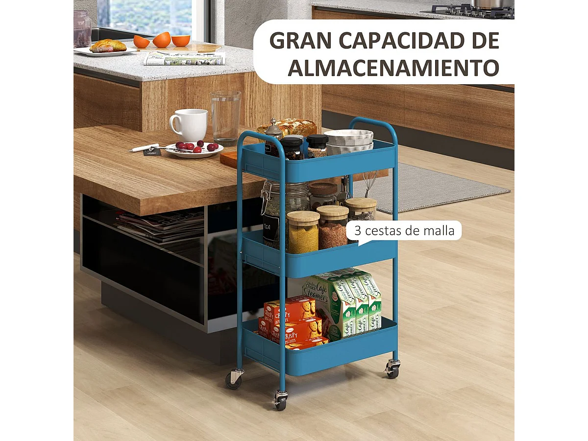 Carrinho Auxiliar de Cozinha com 3 Prateleiras e Rodas - Modelo Ålesund em Azul Escuro