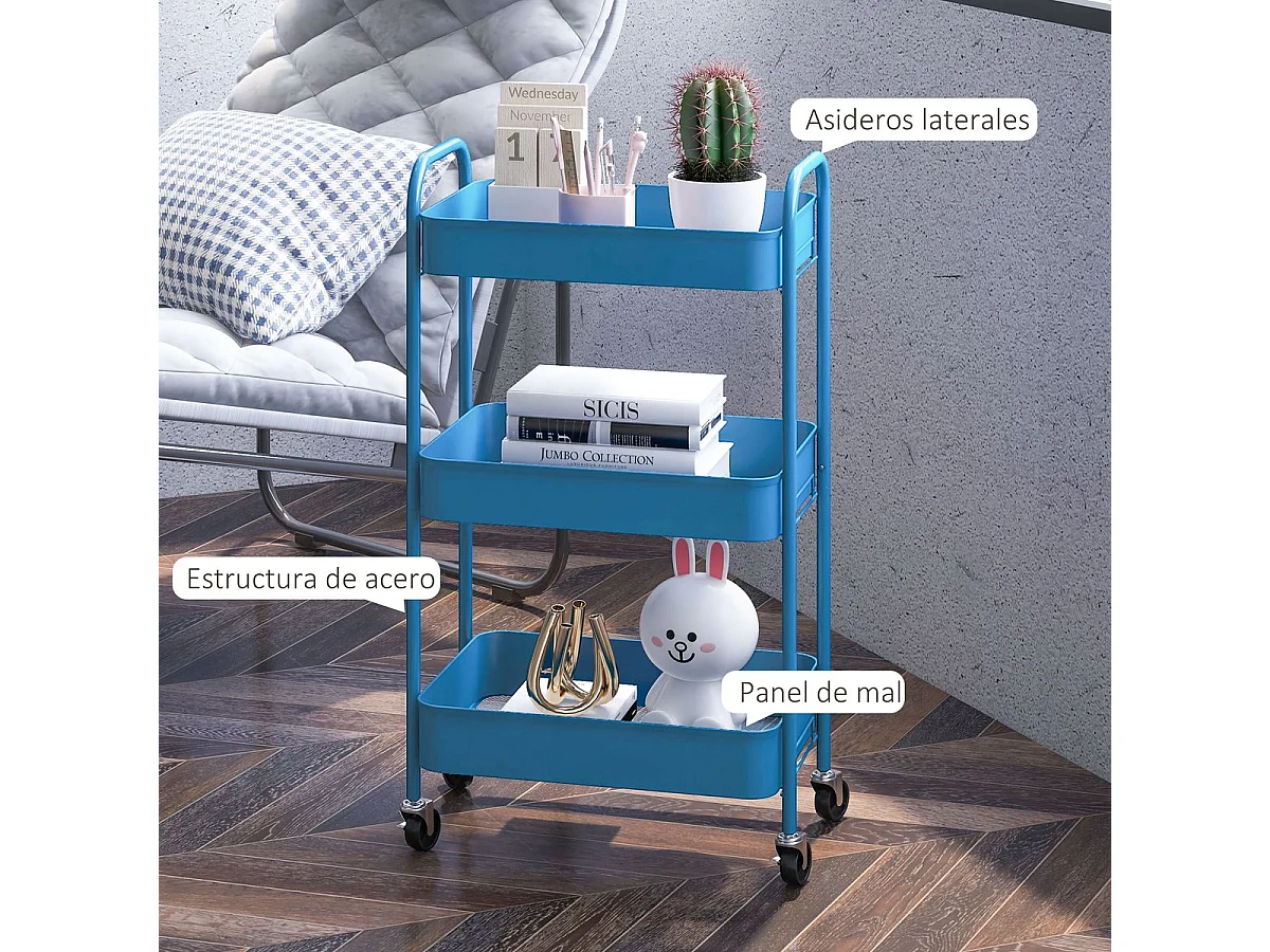 Carrinho Auxiliar de Cozinha com 3 Prateleiras e Rodas - Modelo Ålesund em Azul Escuro