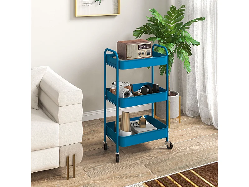 Carrinho Auxiliar de Cozinha com 3 Prateleiras e Rodas - Modelo Ålesund em Azul Escuro